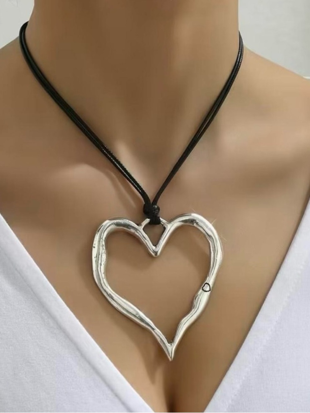 Hammered Silver Open Heart Pendant Necklace on Black Cord